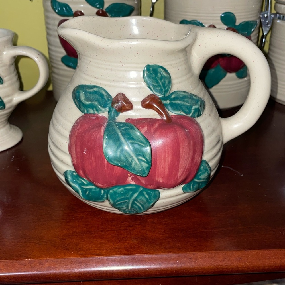 Vintage Red Apple Pitcher 3D Apple Design Stoneware W Handle Apple Embossed